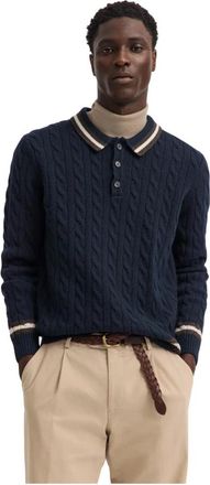 Bugatti Kabelgebreide Poloshirt Trui - Heren - Tops - Blauw - Maat: M Wol