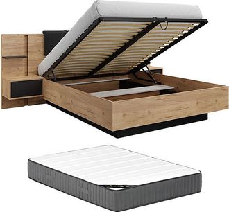 Vente-Unique Canap&eacute; abatible con mesitas de noche 140 x 190 cm - Con LEDs - Color: Natural y antracita + Colch&oacute;n - ELYNIA