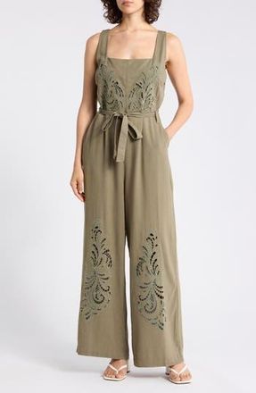 Ellen Tracy Embroidered Cutwork Sleeveless Jumpsuit in Light Olive at Nordstrom Rack, Size X-Large