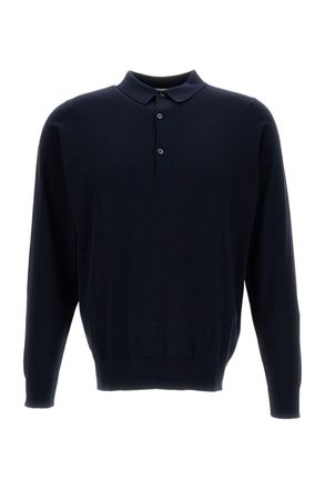 John Smedley Blue Cotton Long-Sleeve Polo Shirt
