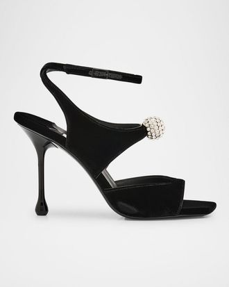 Jimmy Choo London Orb Crystal Velvet Dual-Band Ankle-Strap Sandals