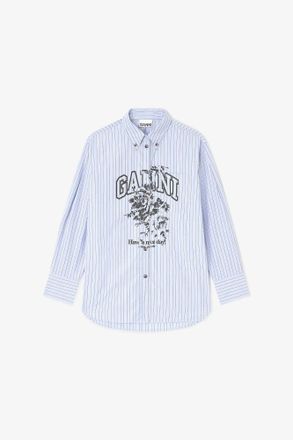 Ganni Blue Stripe Logo Shirt - Size 34 Organic Cotton