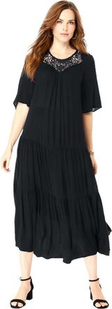 Roaman's Hand-Crinkled Crochet Neck Dress in Black at Nordstrom, Size 20