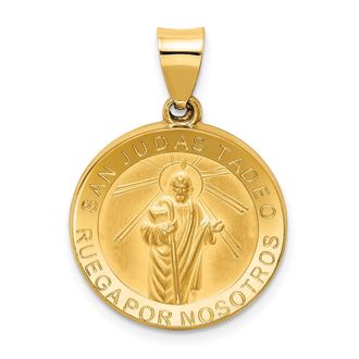Diamond2Deal 14k Yellow Gold and Satin Hollow Spanish San Judas Tadeo Medal Round Pendant