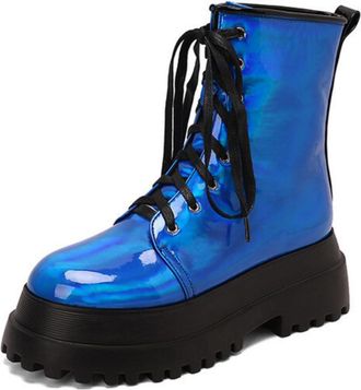 Generic Womens Lace Up Combat Boots Round Toe Patent Leather Ankle Boots Block Heel Platform Short Boot,Blue,4.5 UK