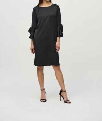 Joseph Ribkoff Ruffle Sleeve Satin Shift Dress In Black