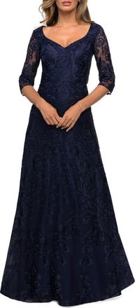La Femme Embroidered Lace Gown with V Neckline and Flare Skirt in Navy at Nordstrom, Size 18