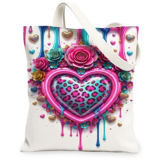 Generic Floral Heart Canvas Tote Bag, Colorful Flower Pattern Reusable Shopping Bags, Spring Vintage Chic Lightweight Washable Shou, White, 13x15 Inch