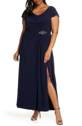 Alex Evenings Cowl Neck Beaded Waist Gown in Navy at Nordstrom, Size 14W