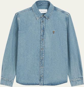 Ami Mens Ami de Coeur Denim Button-Down Shirt