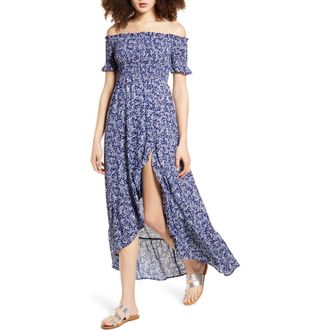 Lulus Fleur-tation Off the Shoulder High/Low Dress in Navy/White at Nordstrom, Size Small