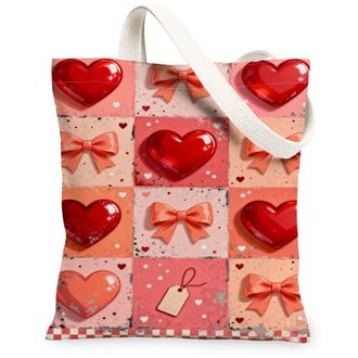 Generic ValentineS Day Heart Canvas Tote Bags, Romantic Bow Pattern Reusable Grocery Bags, Lightweight Washable Shoulder Strap Can, Red, 13x15 Inch