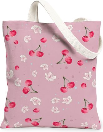 Generic Cherries Canvas Tote Bags, Floral Fruit Pattern Reusable Grocery Bags, Spring Vintage Lightweight Washable Shoulder Strap F, Peach, 13x15 Inch
