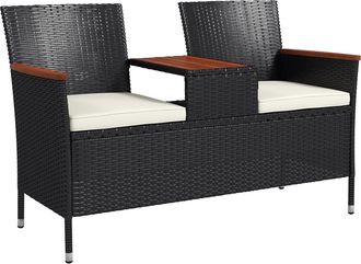 OUTSUNNY Rattan Garden Bench w/ Wood Top Table, Wicker Chair w/ Cushions