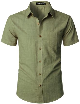 PARKLEES Mens Fitted Cotton Linen Casual Short Sleeve Button Up Shirts Lightweight Beach Tops with Pocket EU-PZLSC34-Avocado Green XXX-Large