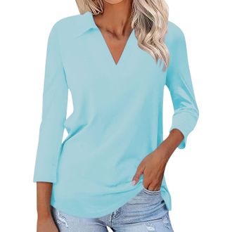 Generic Ladies Long Sleeve Thermal Vests Heated Body Warm Womens 3/4 Sleeve T Shirts Summer V Neck Shirts Collared Casual Basic Tees Blouse Thermal Underlayer