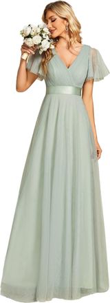 Ever-pretty Womens V Neck Floor Length A Line Empire Wasit Short Sleeve Tulle Long Bridesmaid Dresses Mint Green 10UK