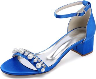 Generic Bridal Shoes Women Open Toe Pearl Block Heels Wedding Shoes Low Heel Chunky Heels Bridal Satin Heels Sandals 4.5Cm,Royal Blue,10 UK