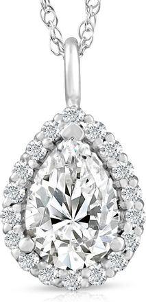 Pompeii3 2 1/6 Pear Shape Moissanite & Lab Grown Diamond Halo Pendant 14k Gold Necklace