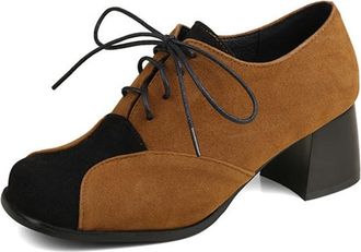 Generic Womens Block Heel Casual Pumps Lace Up Velvet Square Toe Colorblock Vintage Oxfords Shoes (Brown,5.5)
