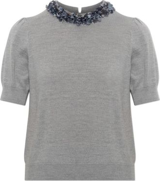 Ulla Johnson Jude Versierde Wol Top - Dames - Ronde hals truien - Grijs - S - Wol - Truien & Vesten