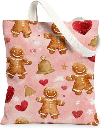 Generic Gingerbread Holiday Canvas Tote Bags, Biscuits Pattern Reusable Grocery Bags, Vintage Cute Lightweight Washable Shoulder St, Peach, 13x15 Inch