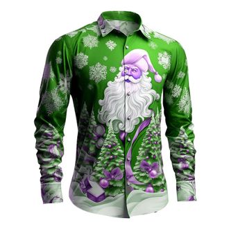 Generic Xmas Shirts for Men UK Xmas Tree Santa Print Hawaiian Shirt Button up Long Sleeve Graphic Tees Holiday Party Top Jumper, Green, 4XL