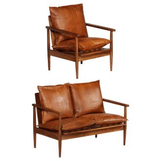 vidaXL Set Sof&aacute;s 2 Pzas Marr&oacute;n Cuero Aut&eacute;ntico Y Madera De Acacia Vidaxl