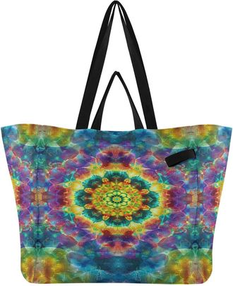 Generic Mandala Colorful print Reusable Canvas Tote Bag, Heavy Duty Grocery Shopping Bag with Hard Bottom Double Handles Large Capacity Work Groceries Travel