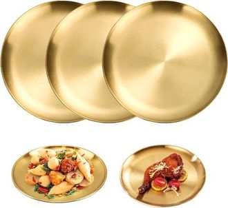 OEM Juego De 3 Platos Redondos Dorados De 23 Cm (9 Pulgadas), Platos Decorativos De Acero Inoxidable Para Bistec, Ensalada Y Postre