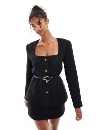 Asos Blazer nero bouclé con cintura e scollo rotondo