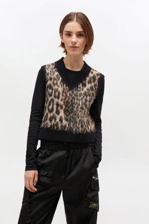 Ganni Mixed Leopard V-neck Vest - Size XS