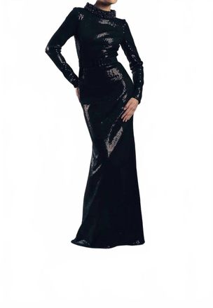 Badgley Mischka Beaded Mock Neck Sequin Gown In Black