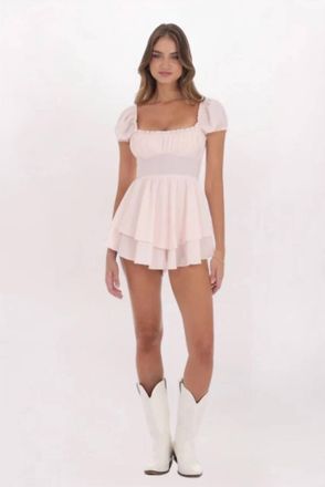 Lucy in the Sky Puff Sleeve Flutter Romper In Pink