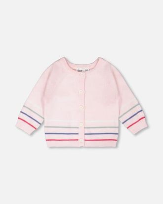 Deux par Deux Girl Cotton Knit Striped Button Front Cardigan in Light Pink at Nordstrom, Size 18M