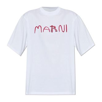 Marni Tops, Heren, Wit, XL, Katoen, Wit katoenen T-shirt met gevlokt Dierenalfabet-logo