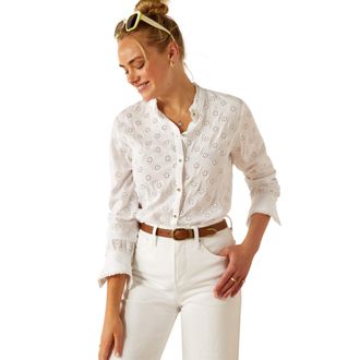 Ariat Womens Clarion Blouse Long Sleeve in White Eyelet, Size X-Small, by Ariat