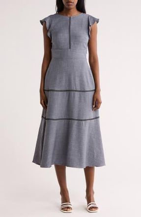 Calvin Klein Crosshatch Cap Sleeve Tiered Midi Dress in Steel/Black at Nordstrom Rack, Size 12