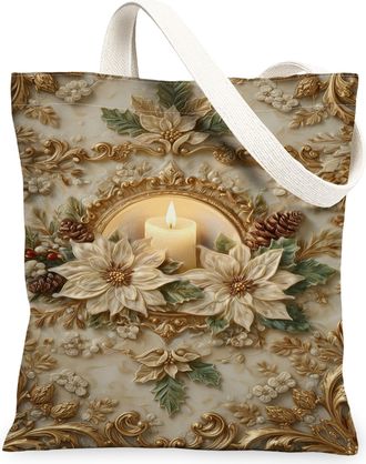 Generic Chic Holiday Canvas Tote Bags, Vintage Floral Candle Design Reusable Grocery Bags, Festive Lightweight Washable Canvas for, Beige, 13x15 Inch