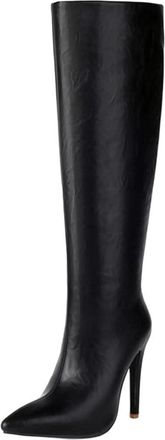 Generic Women Knee High Boots Pointed Toe Heeled Long Zipper Winter Solid Color Elegant Party Boot