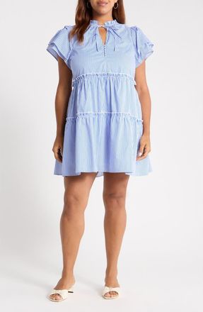 Sugarlips Sherah Tiered Stripe Cotton Dress in Blue White Stripe at Nordstrom, Size 1X