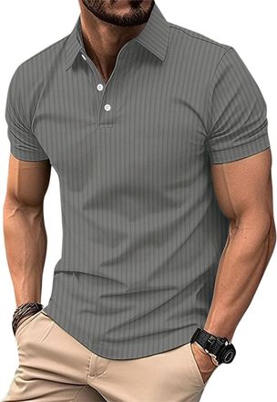 AlltheMen Mens Polo Shirt Short Sleeve Knitted Golf Vertical Striped Polo T-Shirt Breathable Grey 3XL