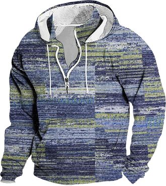 Generic Mens Blue Patchwork Printed Hoodie, Retro Half Zip Pullover Sweatshirt with Drawstring Hood and Kangaroo Pocket, Soft Fleece Lined Hoodie for Men, War