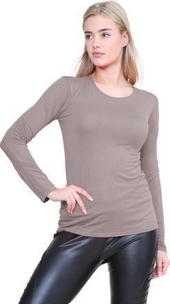 Janisramone Long Sleeve T Shirts Women, Plain Round Neck Breathable Basic Summer Tops for Women UK, Stretchy Slim Fitted Going Out Tops Mocha