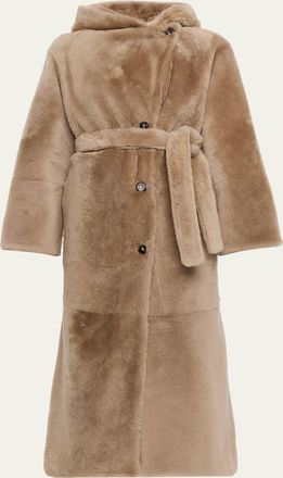 Yves Salomon Long Hooded Lamb Shearling Coat