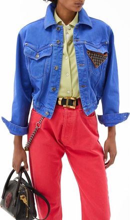 Versace Gender Inclusive Crop Denim Trucker Jacket in Sky Blue at Nordstrom, Size 6 Us
