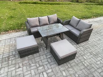 Fimous High Back PE Rattan Sofa Set Outdoor Garden Furniture Dining Table Set Love Sofa 3 Seater Sofa 2 Big Footstool in Dark Grey