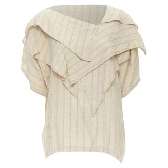 Issey Miyake 1980s Vintage beige striped linen waterfall ruffle top S Rare