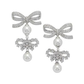 Self Portrait Crystal Bow Pearl Earrings - Dames - Oorbellen - Grijs - ONE Size - Accessoires