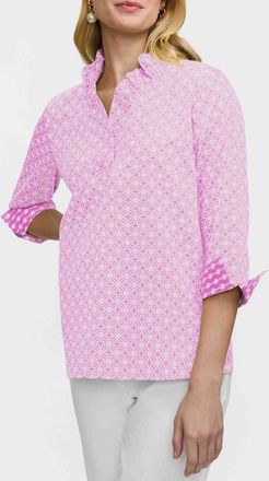 Foxcroft Tammy Geo Lattice Print Ruffle Collar Top in Pink/White at Nordstrom, Size X-Small P